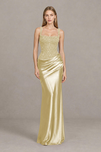 BOLODOO Champagne Square Neck Embellished Satin Evening Gown - Champagne