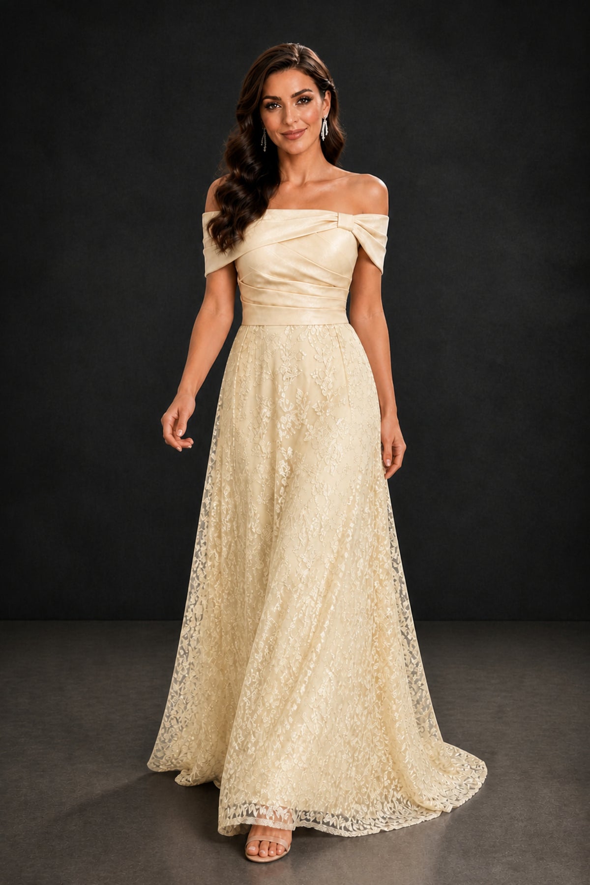 BOLODOO Champagne Lace Glitter Off Shoulder Cap Sleeve A-Line Ball Gown with Train – Formal Evening Dress - Champagne