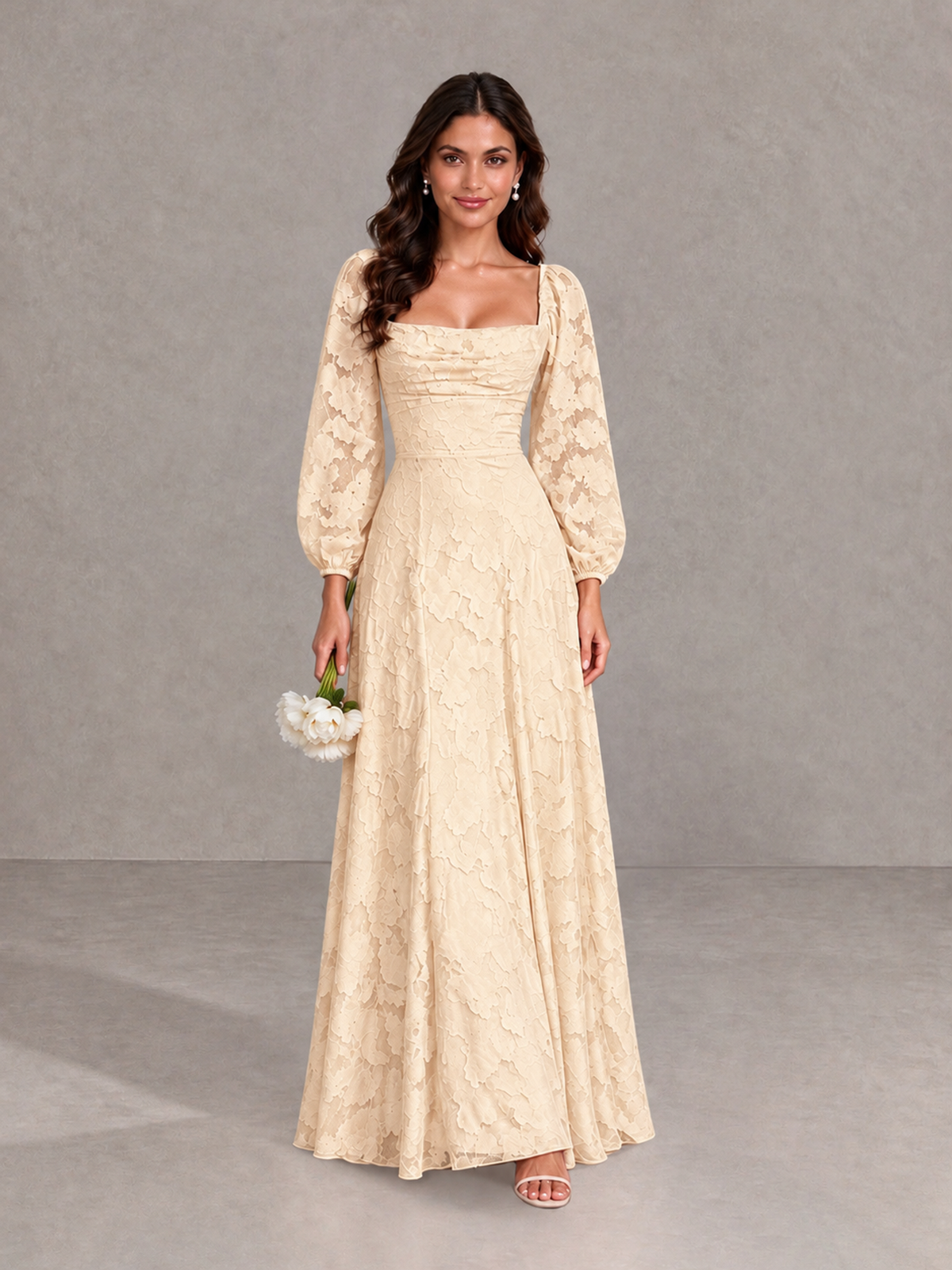 BOLODOO Champagne Floral Long Sleeve A-Line Bridesmaid Dress - Champagne - Champagne_1