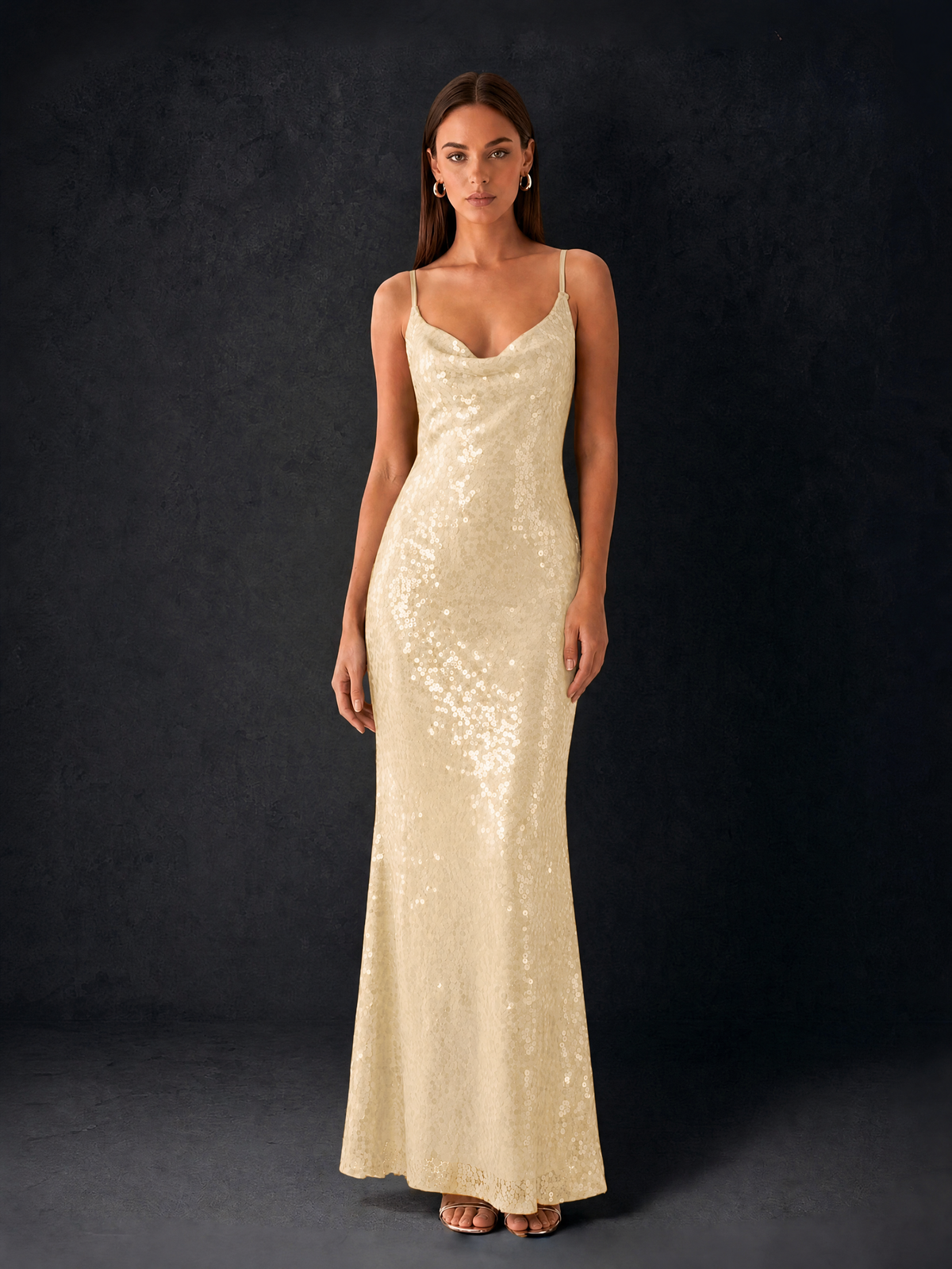 BOLODOO Bronze Sequin Cowl Neck Spaghetti Strap Mermaid Maxi Dress with Open Criss-Cross Back - Champagne - Champagne