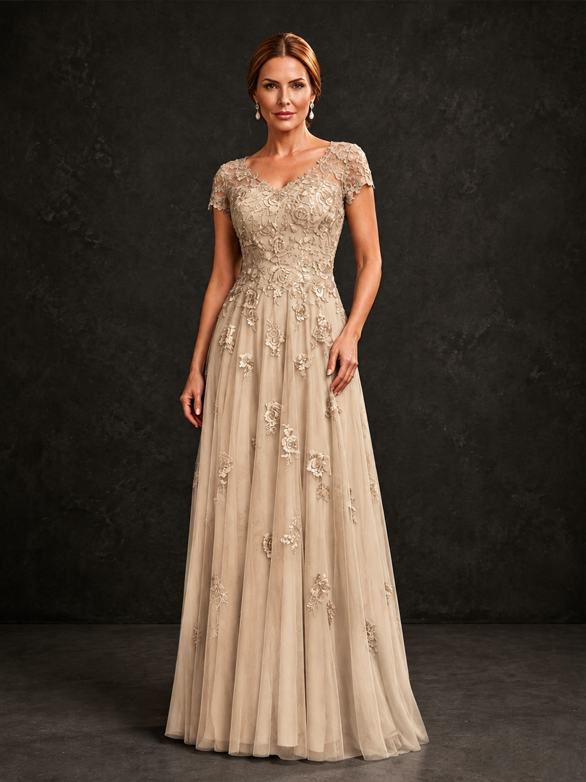 BOLODOO Champagne Cap Sleeve Lace Appliqué A-Line Formal Gown | Mother of the Bride Dress - Champagne - Champagne_1