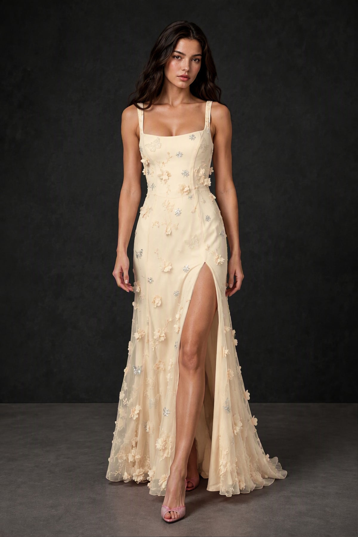 BOLODOO Champagne 3D Butterfly Floral Tulle Maxi Gown – Lace-Up Back Slit Formal Dress - Champagne