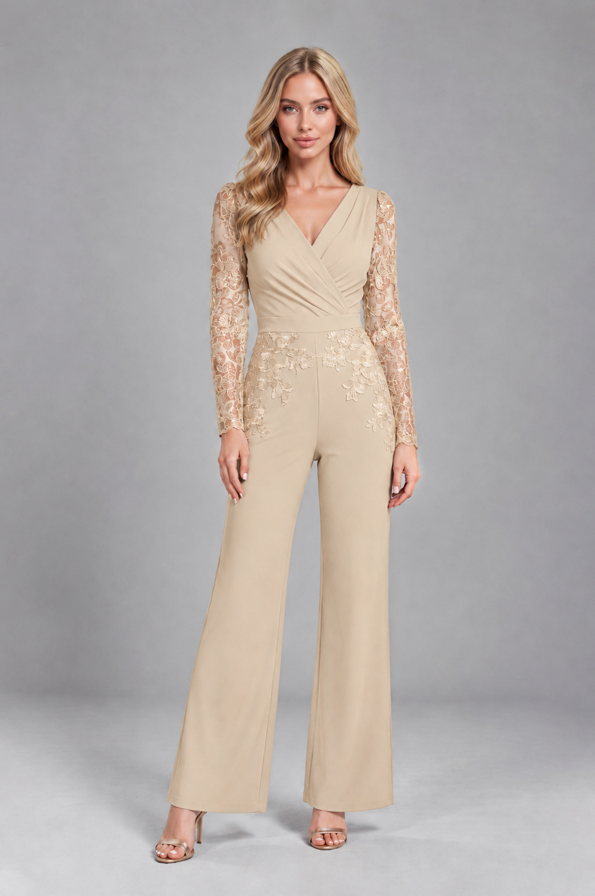 BOLODOO Champagne Lace Long-Sleeve V-Neck Mother Pant Suit - Champagne - Champagne_1