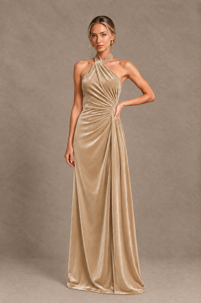 BOLODOO Champagne Velvet Halter Open-Back Ruched Evening Dress - Champagne - Champagne_1