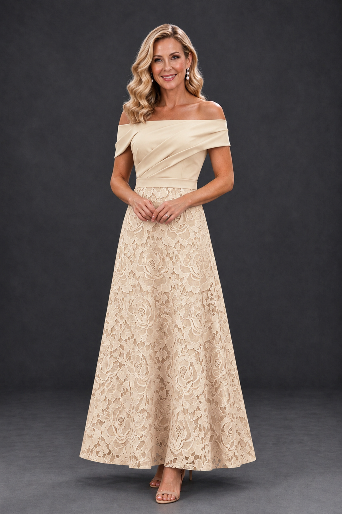 BOLODOO Champagne Off-the-Shoulder Floral A-Line Mother of the Bride Dress - Champagne - Champagne_1