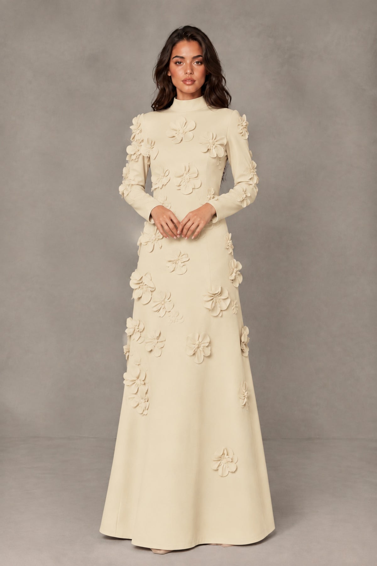 BOLODOO Champagne High Neck Long Sleeve 3D Floral Evening Gown - Champagne