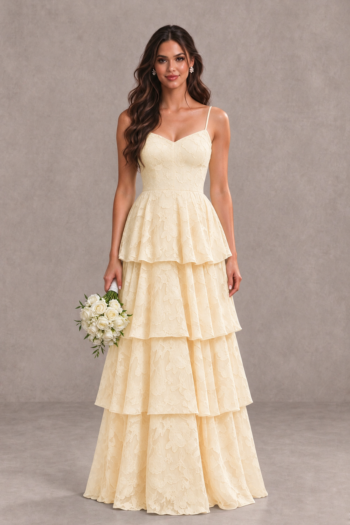 BOLODOO Champagne Tiered Floral-Textured Spaghetti Strap Maxi Dress - Champagne - Champagne_1