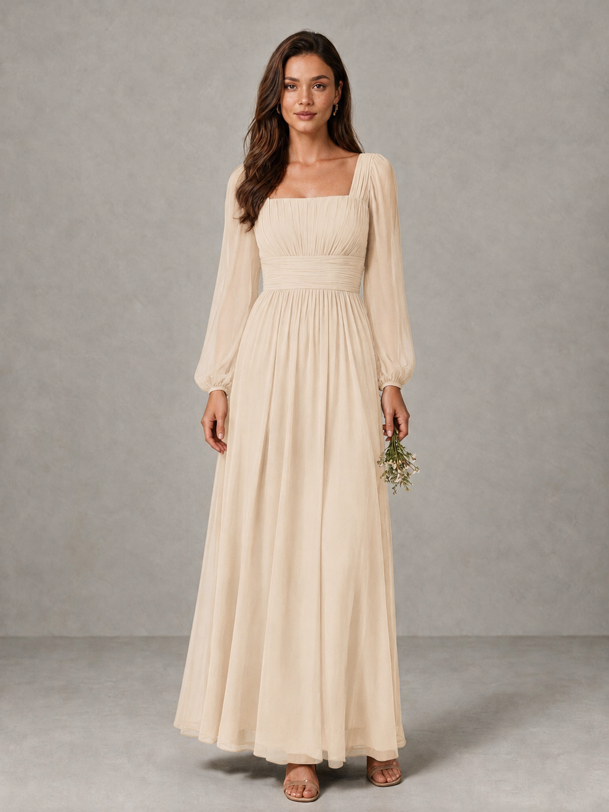 BOLODOO Champagne Square Neck Long Sleeve Chiffon Bridesmaid Dress - Champagne - Champagne_1