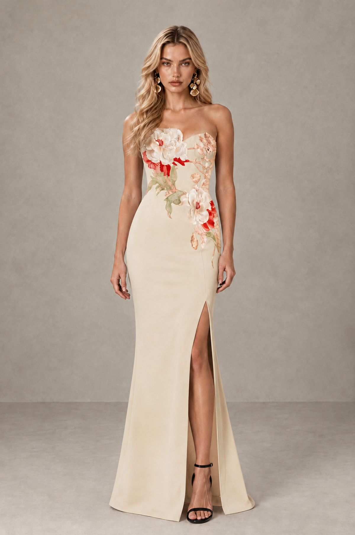 BOLODOO Champagne Strapless Floral Mermaid Evening Dress with Slit - Champagne - Champagne_1