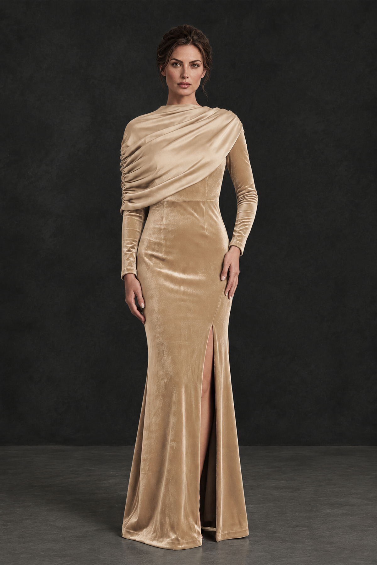 BOLODOO Champagne Velvet Long Sleeve Draped Mother of the Bride Dress - Champagne - Champagne_1