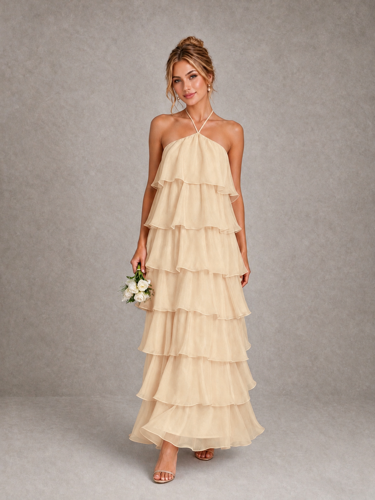 BOLODOO Champagne Halter Tiered Ruffle Maxi Bridesmaid Dress - Champagne - Champagne_1
