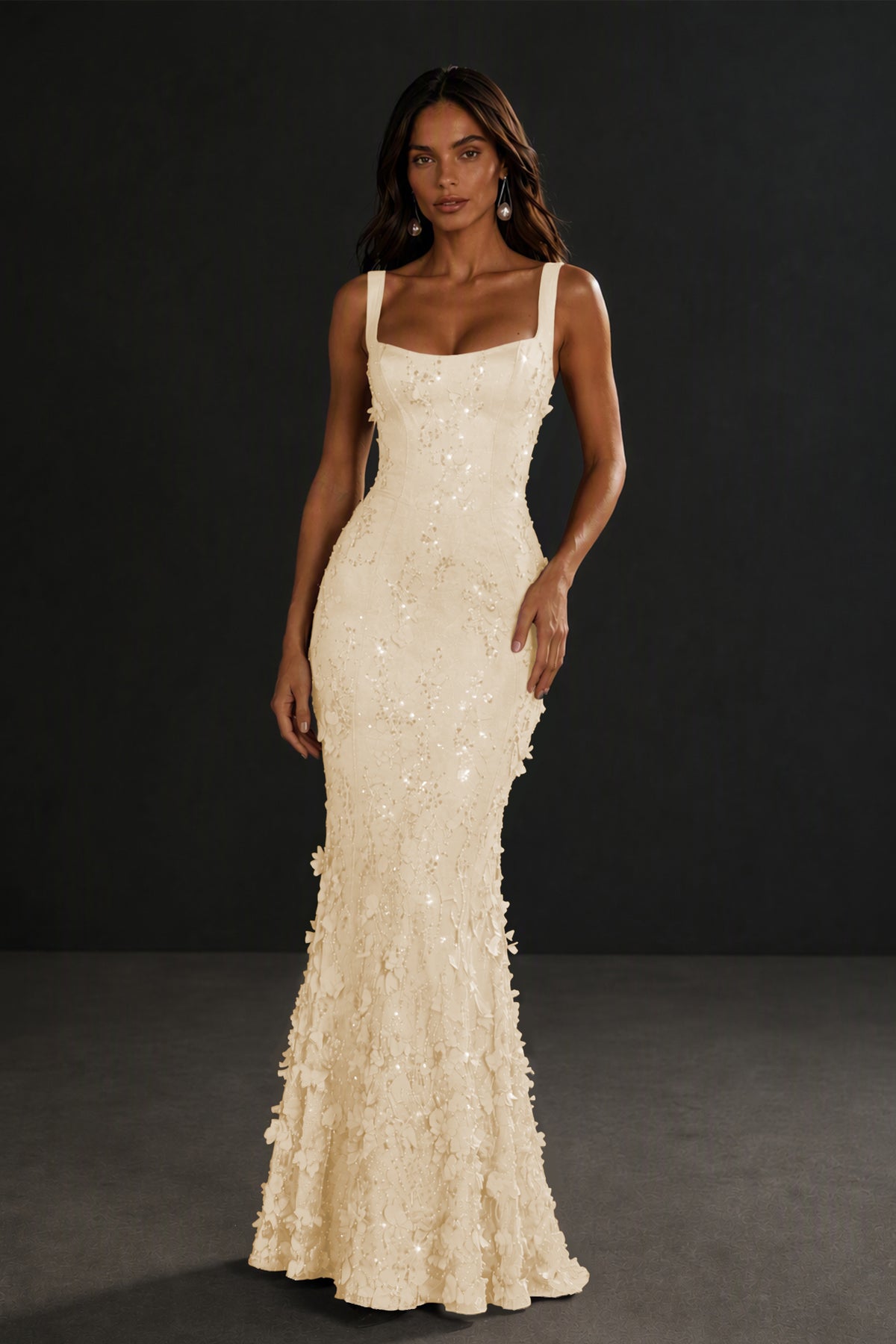 BOLODOO Champagne Sequin 3D Floral Mermaid Maxi Gown – Lace-Up Back Formal Dress - Champagne