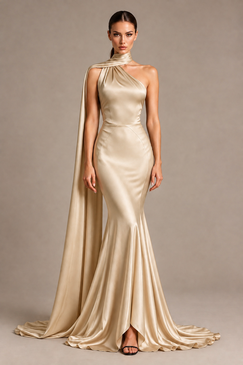 BOLODOO Champagne One-Shoulder Satin Mermaid Evening Dress with Scarf - Champagne - Champagne_1