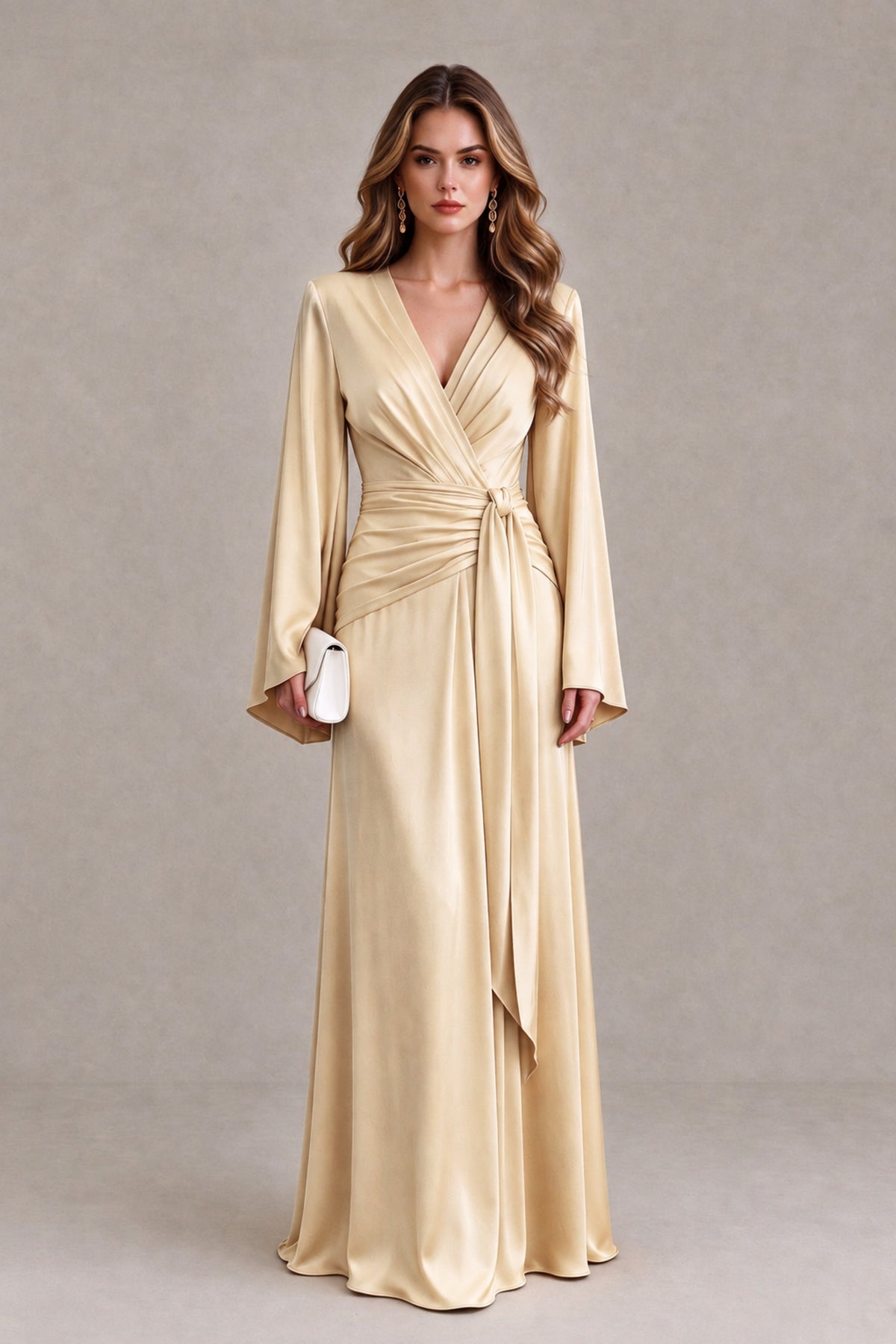 BOLODOO Champagne Yellow Satin-Look V-Neck Long Bell Sleeve Evening Dress - Champagne - Champagne_1