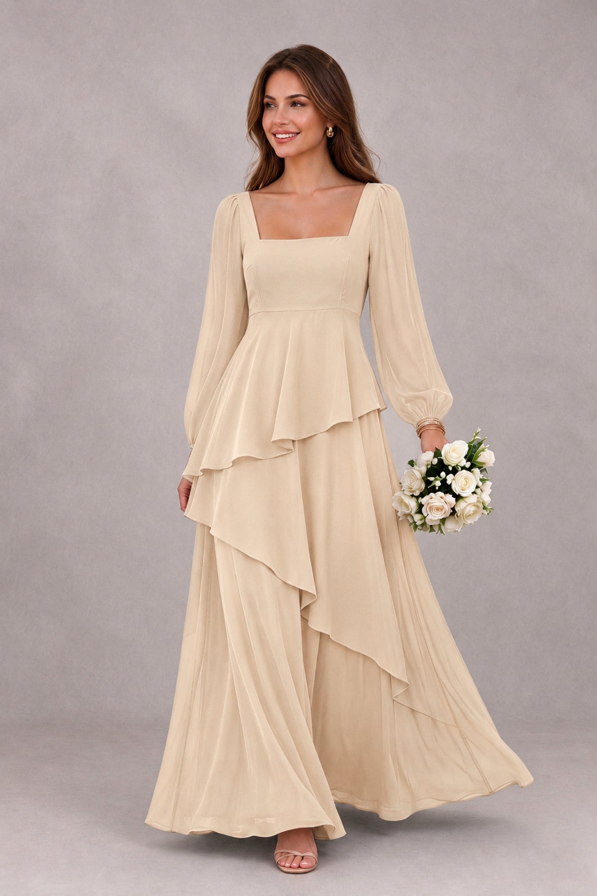 BOLODOO Champagne Long Sleeve Ruffle Bridesmaid Dresses - Champagne - Champagne_1