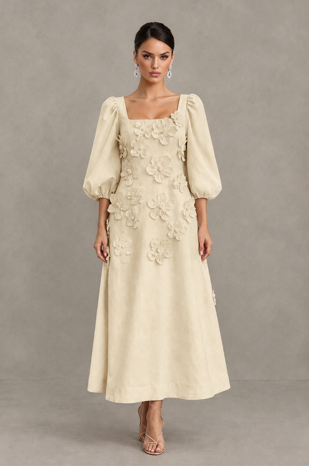 BOLODOO Champagne 3D Floral Puff Sleeve Midi Cocktail Dress - Champagne - Champagne_1