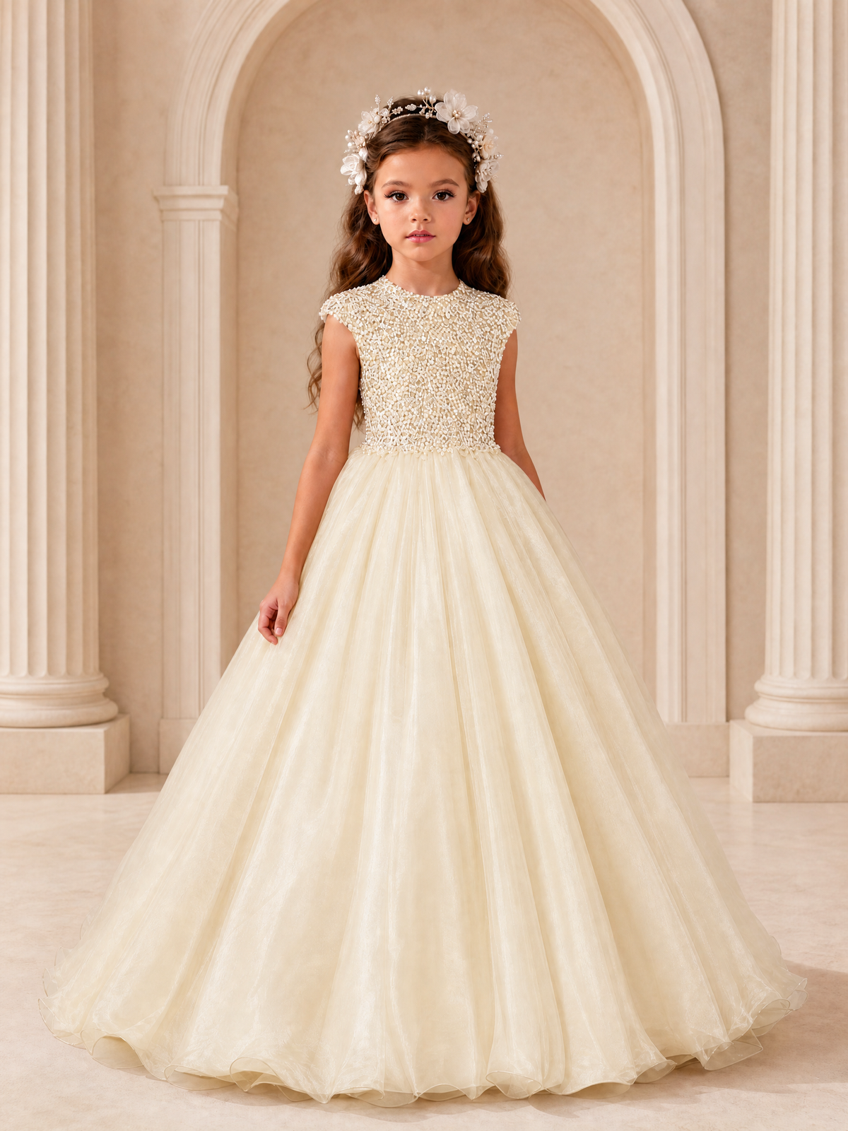 BOLODOO Champagne Sequin Tulle Flower Girl Dress with Cap Sleeves - Champagne - Champagne_1