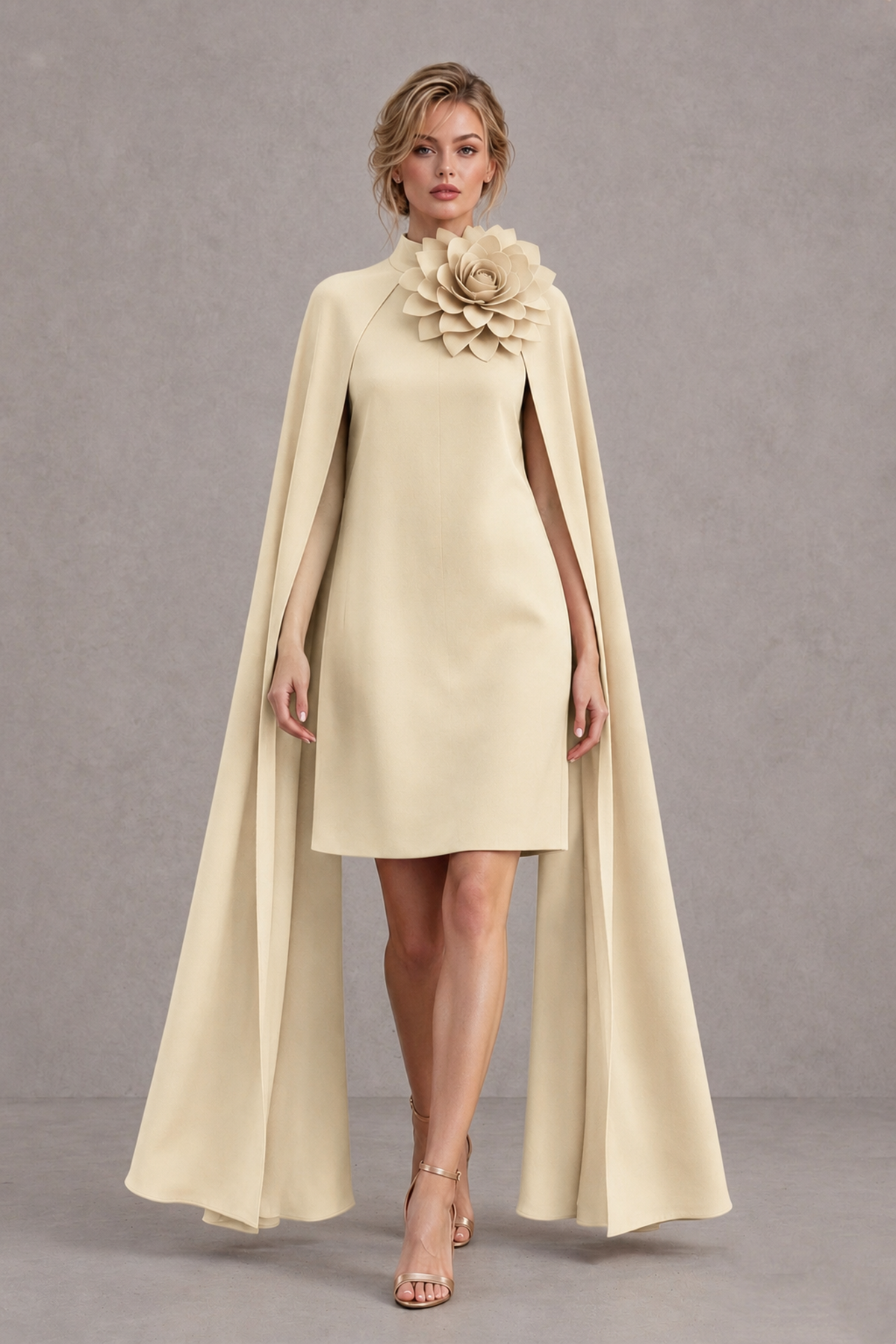 BOLODOO Champagne High Neck Floral Cape Mini Cocktail Dress - Champagne - Champagne_1