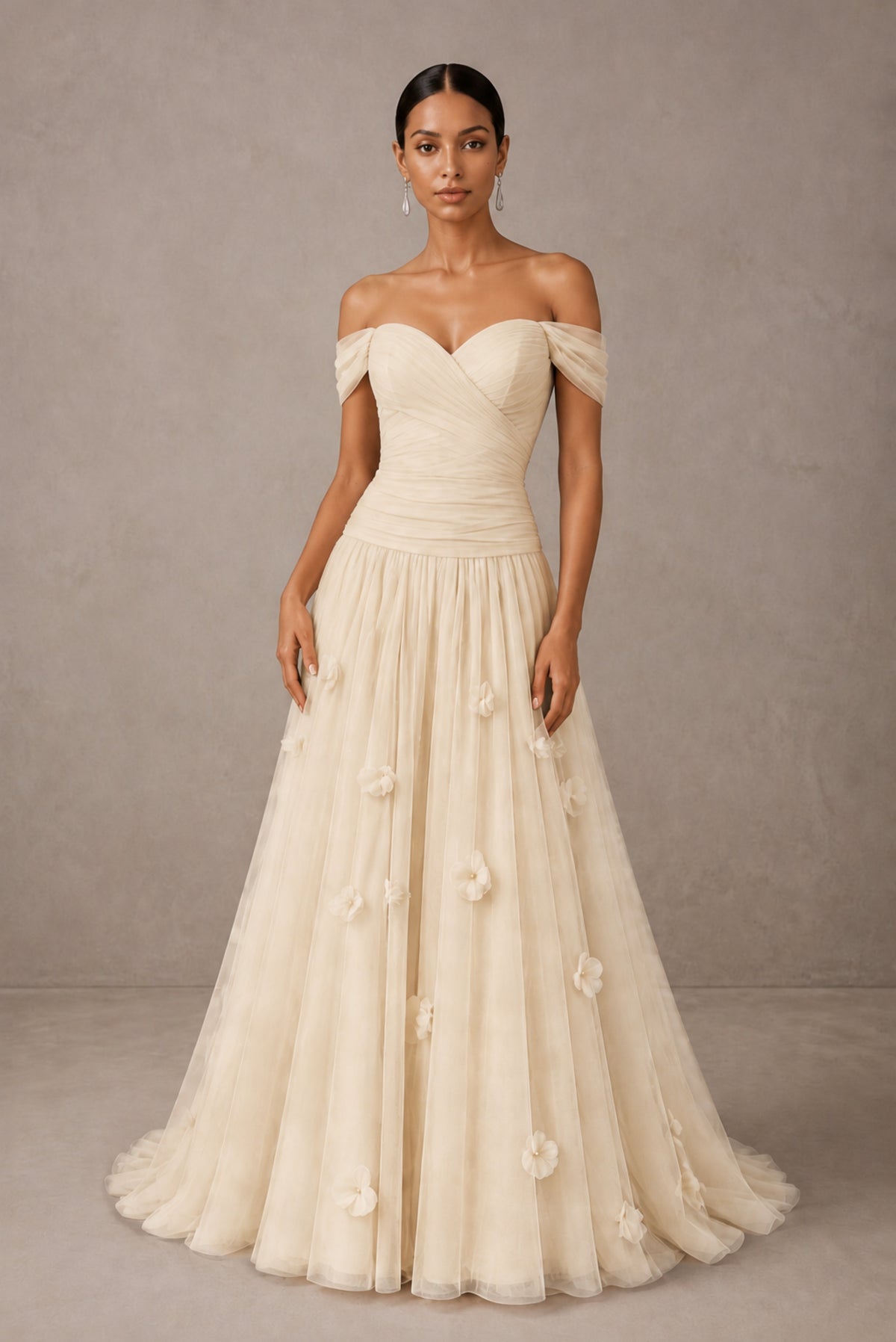 Champagne Off-Shoulder Sweetheart A-Line Tulle Gown with 3D Floral Appliques | BOLODOO - Champagne