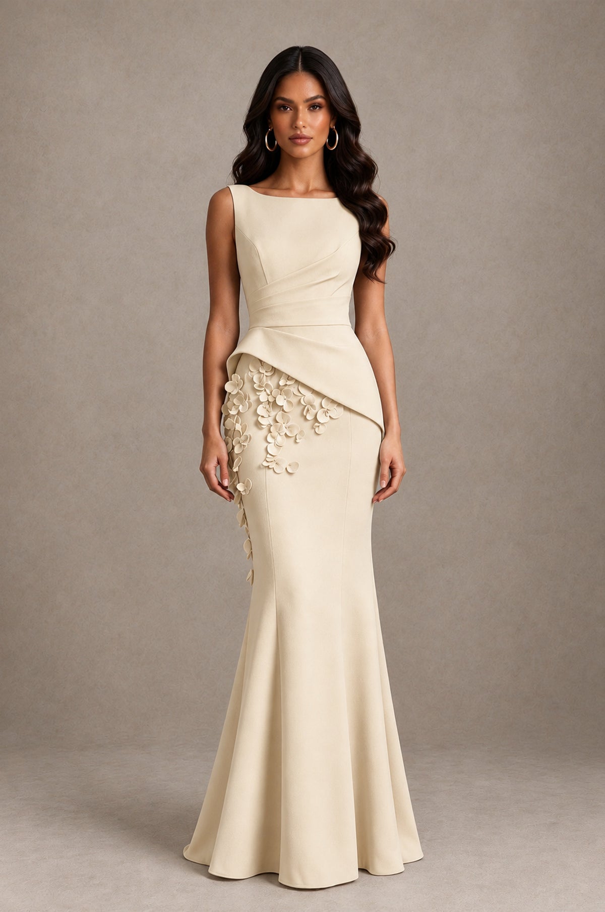 BOLODOO Champagne Bateau Neck Sleeveless Asymmetric Peplum 3D Petal Appliqué Mermaid Gown BD0421 - Champagne - Champagne_1