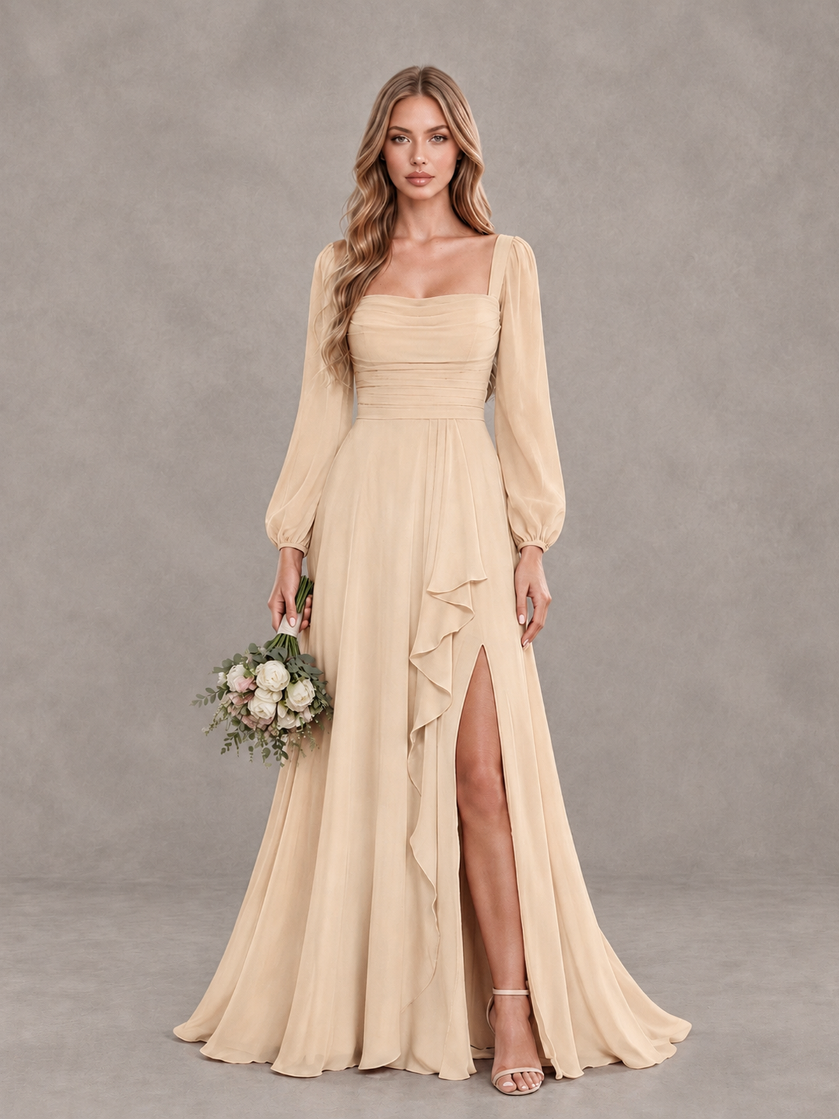 BOLODOO Champagne Square Neck Long Sleeve Bridesmaid Dress with Ruffle Slit - Champagne - Champagne_1