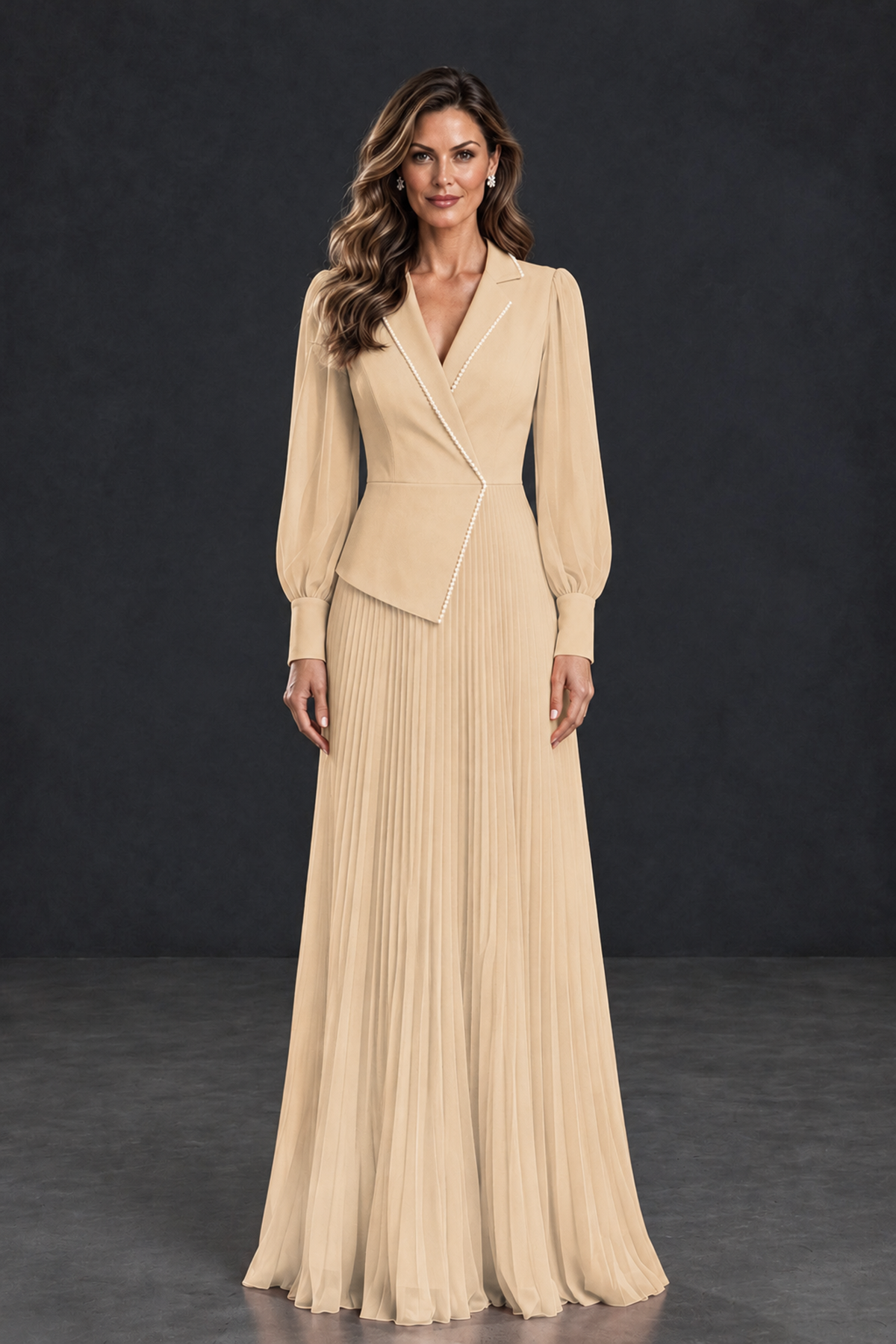BOLODOO Champagne Long Sleeve Pleated Mother of the Bride Dress - Champagne - Champagne_1