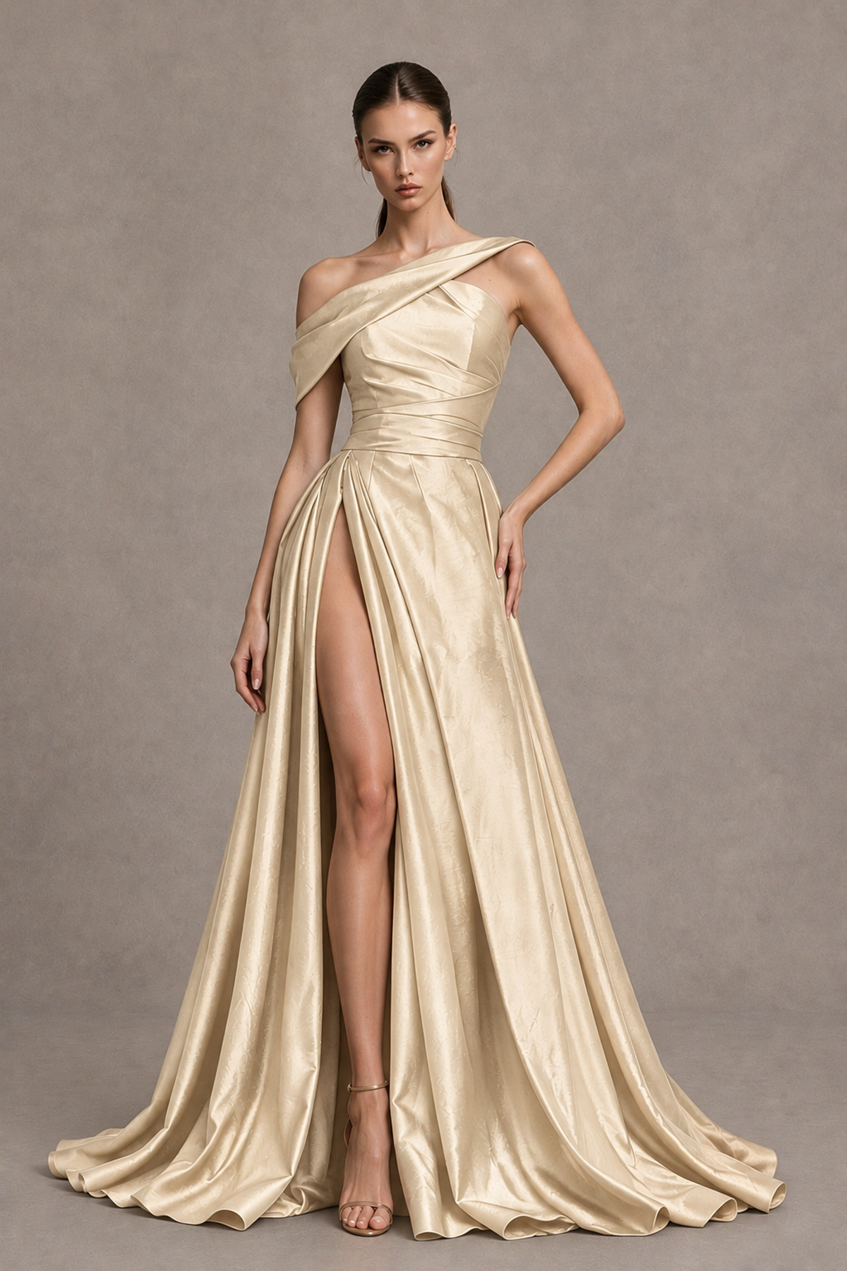 BOLODOO Champagne Asymmetric Satin-Look A-Line Prom Dress with High Slit - Champagne - Champagne_1