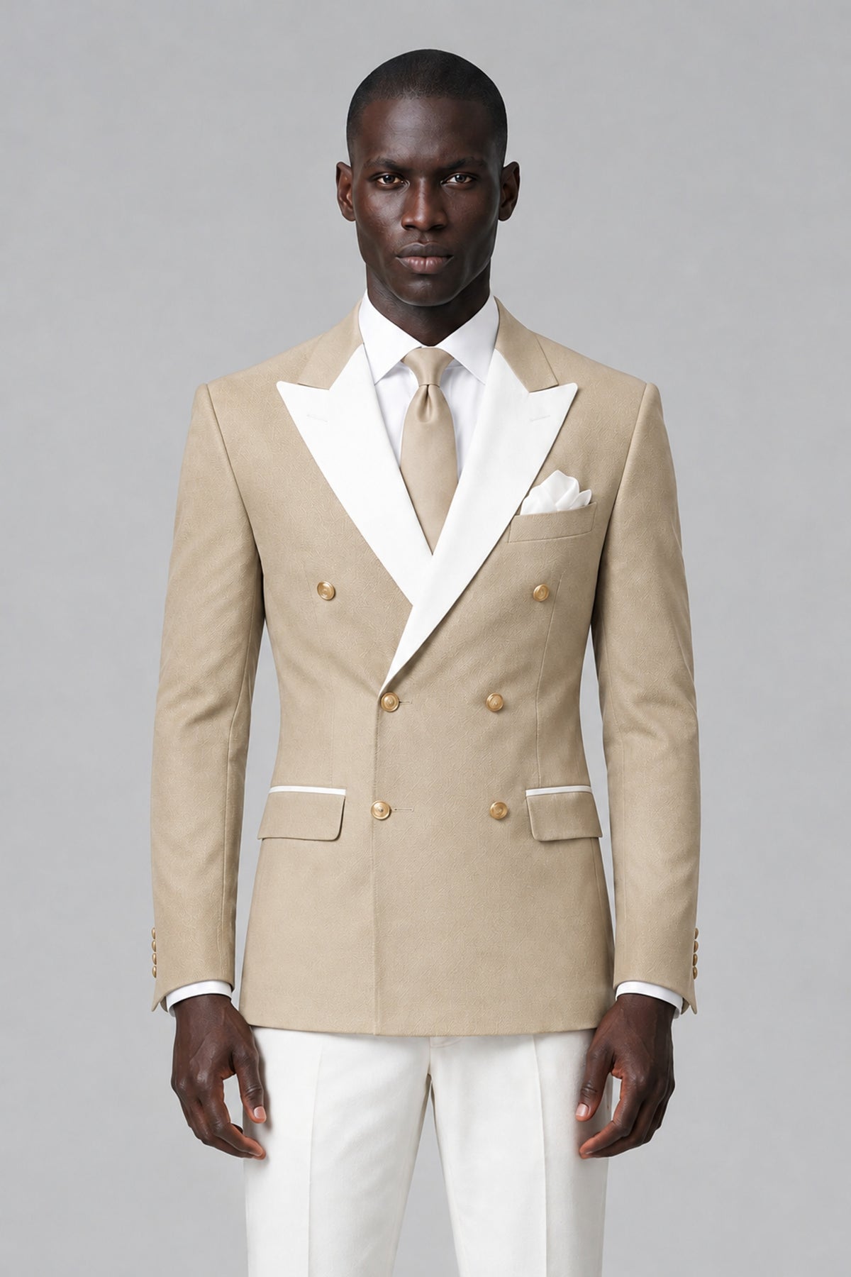 BOLODOO Men's Champagne Double-Breasted Blazer & Cream Trousers Tuxeto 2-Piece Suit Set - Champagne - Champagne_1