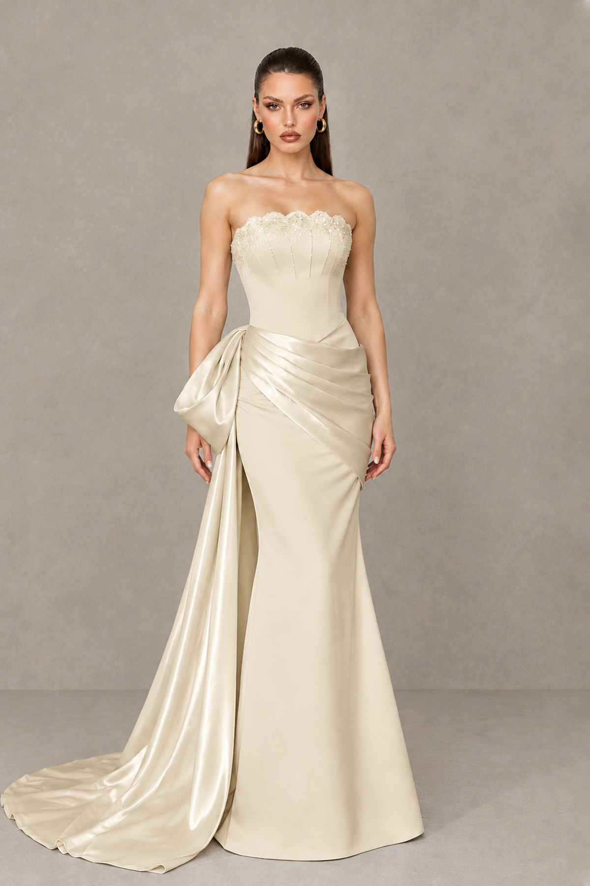BOLODOO Champagne Strapless Satin Prom Dress with Draped Side Train - Champagne - Champagne_1