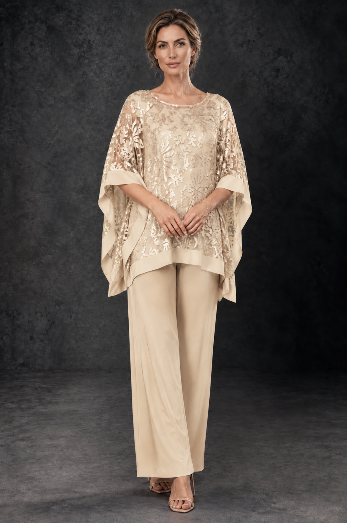 BOLODOO Champagne Floral Cape Mother of the Bride Pant Suit - Champagne - Champagne_1