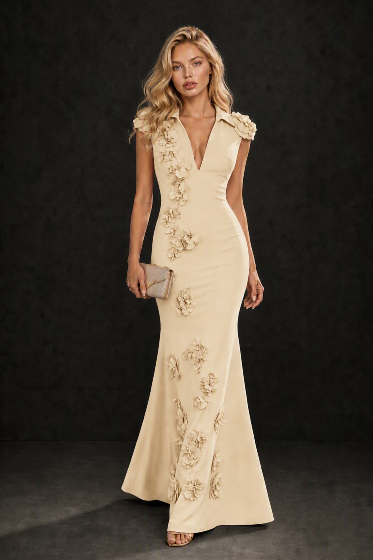 BOLODOO Champagne 3D Floral Appliqué Deep V-Neck Cap Sleeve Mermaid Gown - Champagne