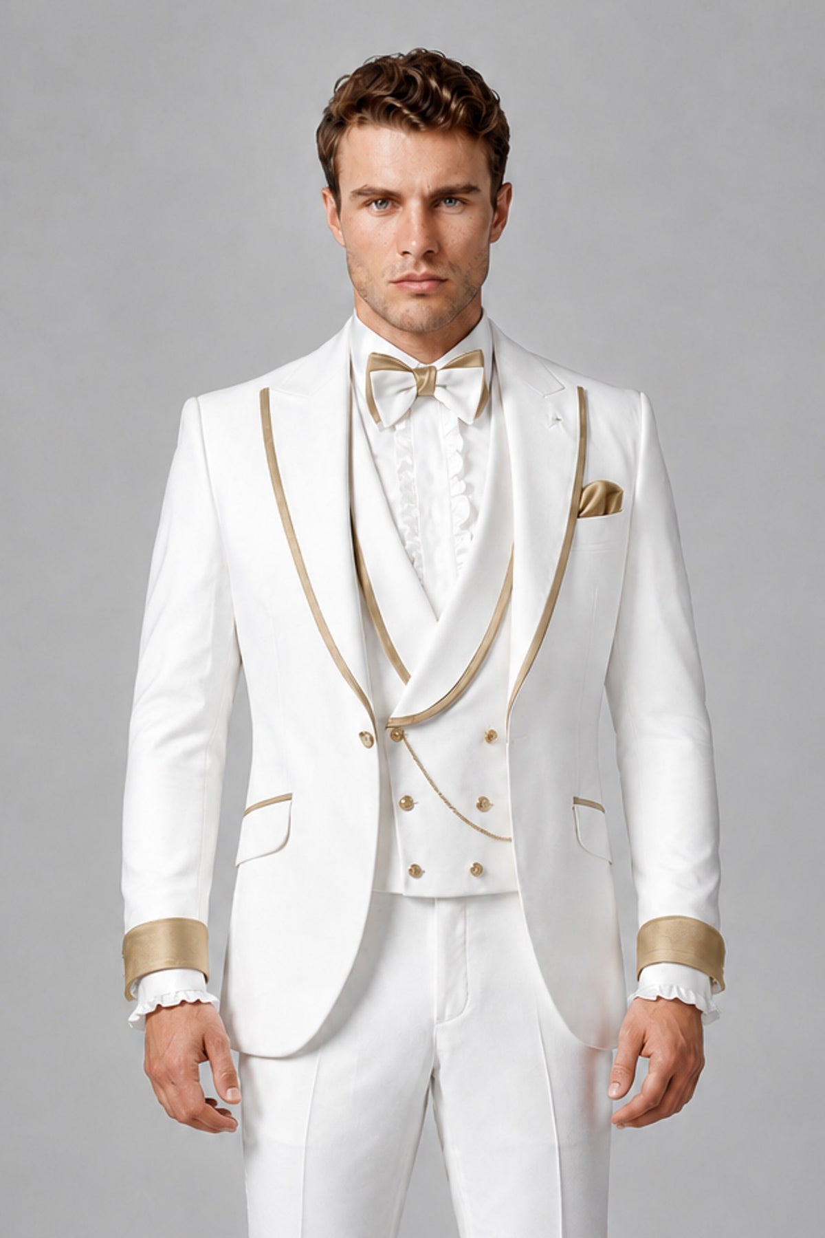 Bolodoo Men's White and Champagne Three-Piece Wedding Tuxedo Suit - Champagne - Champagne_1