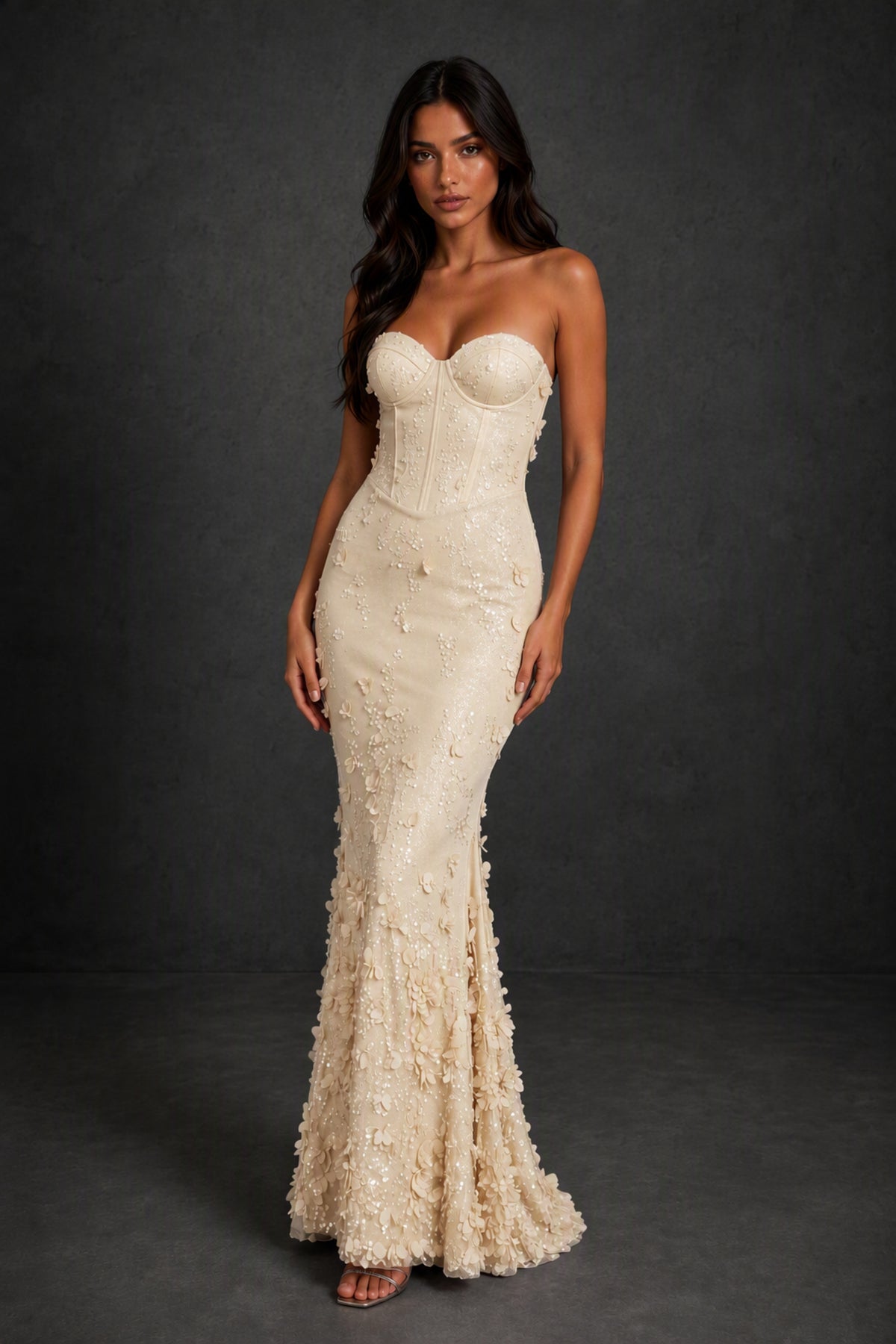 BOLODOO Champagne 3D Floral Sequin Corset Strapless Mermaid Gown - Champagne
