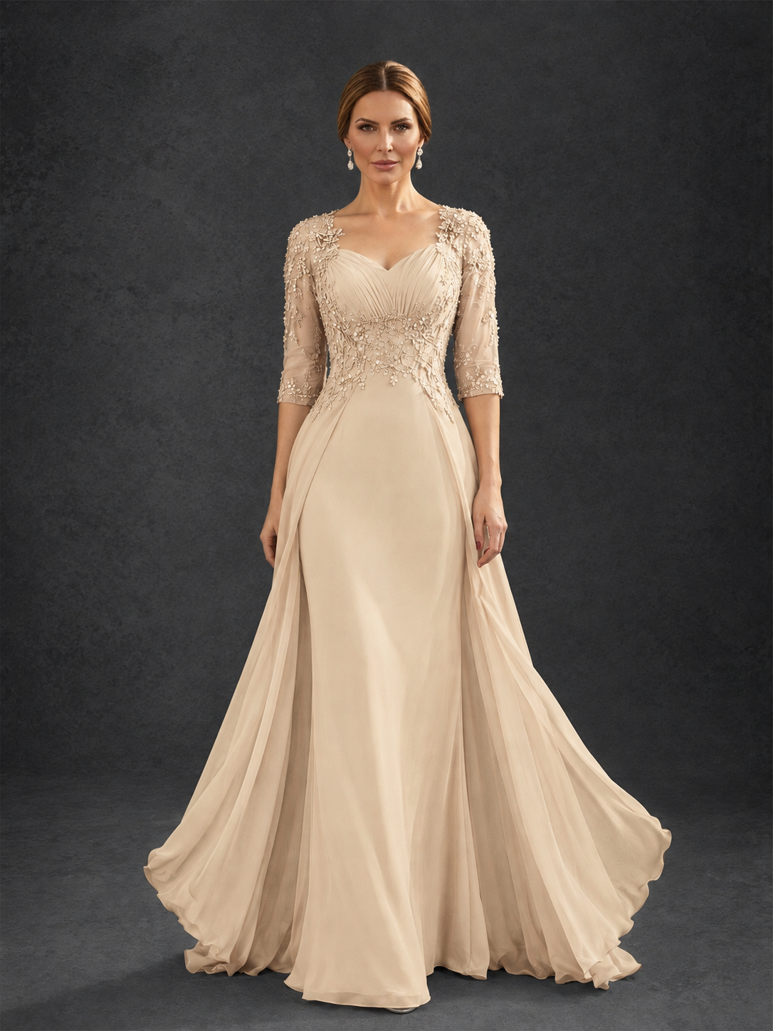 BOLODOO Champagne Sweetheart Neck 3/4 Sleeve Floral Lace Illusion Bodice Chiffon A-Line Gown - Champagne
