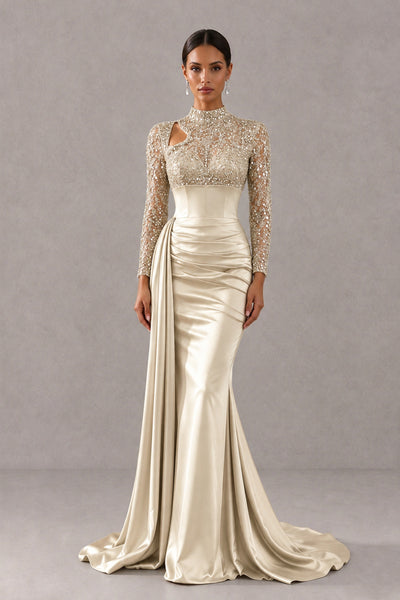 BOLODOO Champagne Long Sleeve Embellished Satin Mermaid Evening Gown - Champagne - Champagne_1