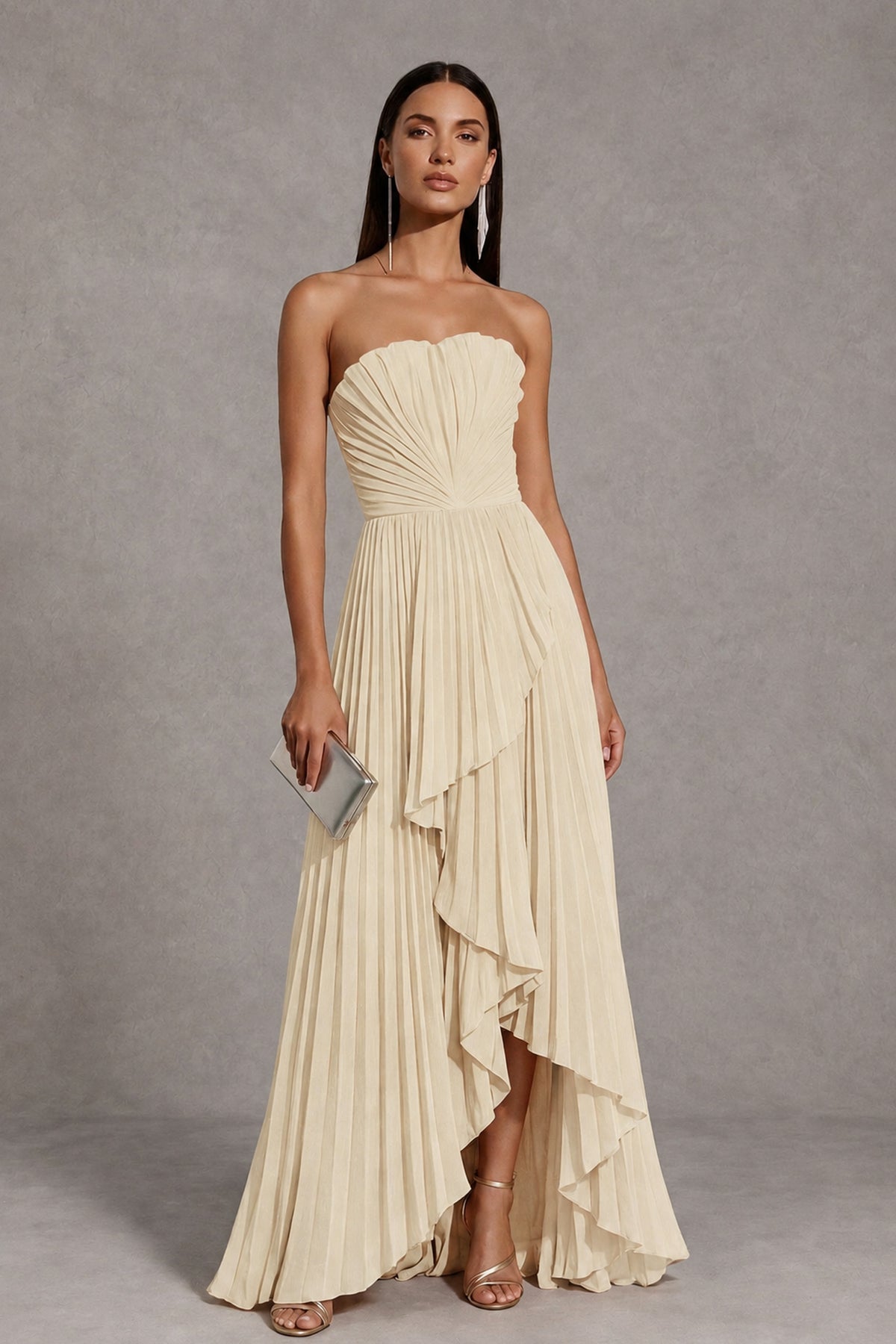 Champagne Strapless Pleated High-Low Evening Gown with Ruffle Hem - Champagne