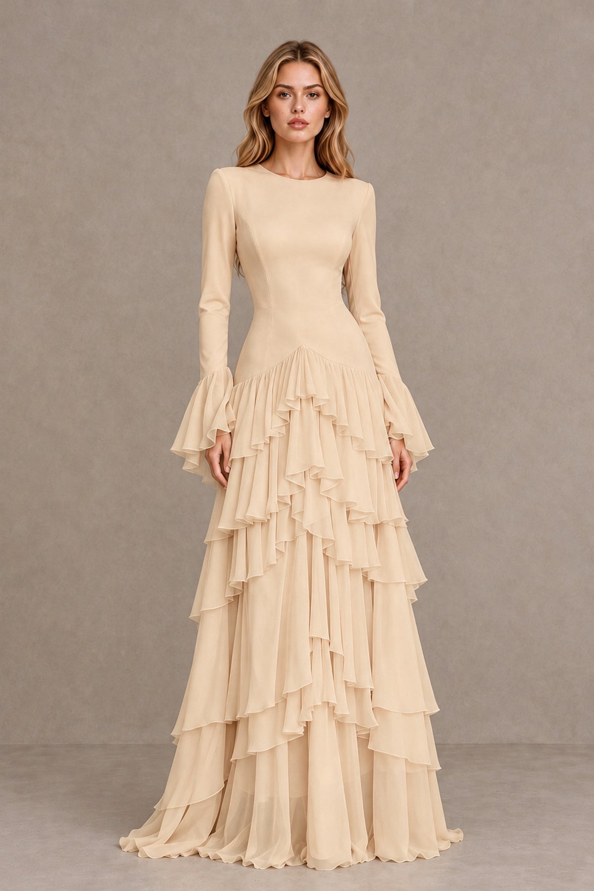Champagne Long Sleeve Tiered Ruffle Evening Gown - Champagne - Champagne_1