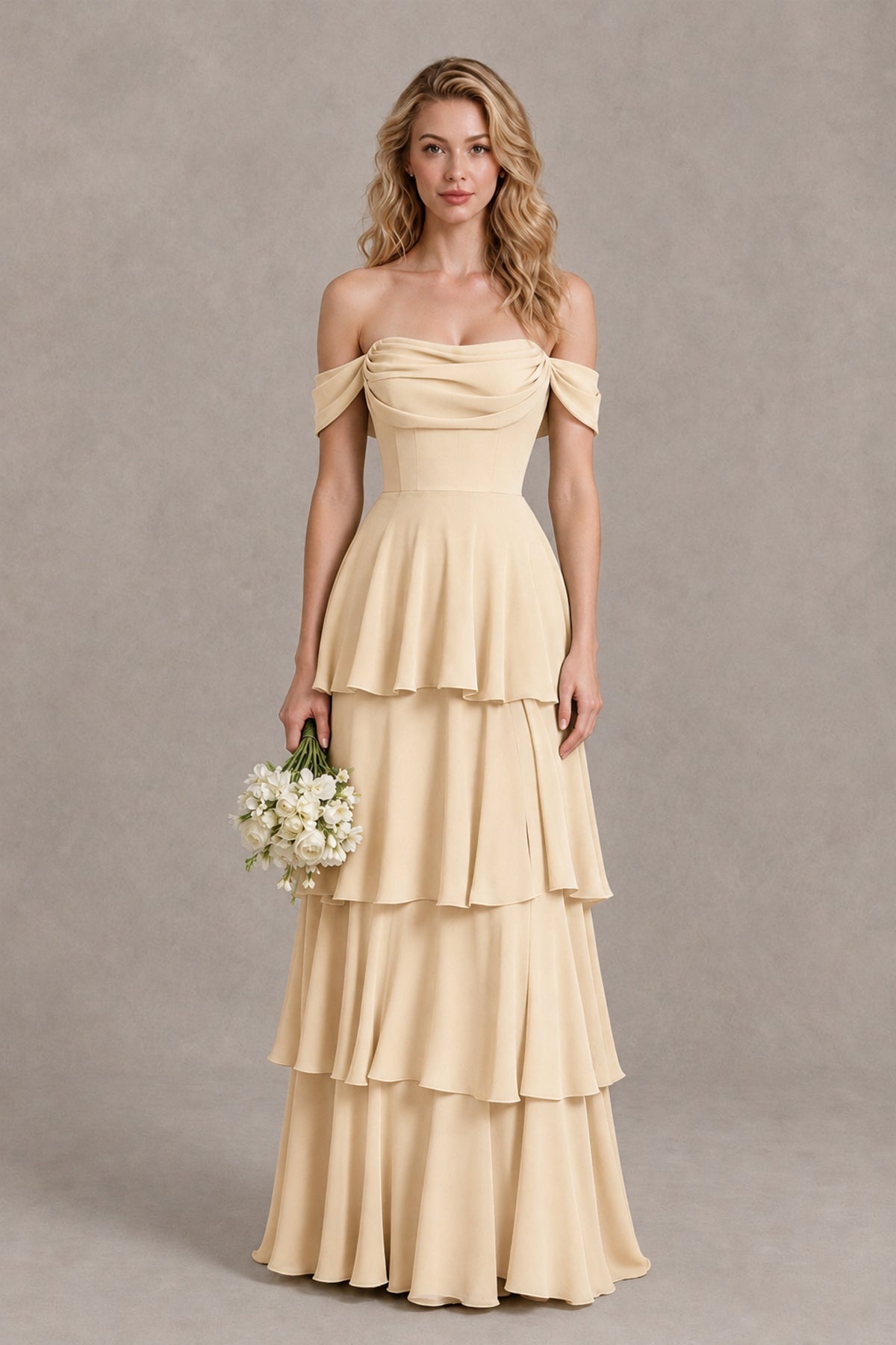 BOLODOO Champagne Off-the-Shoulder Tiered A-Line Evening Bridesmaid Dress - Champagne - Champagne_1