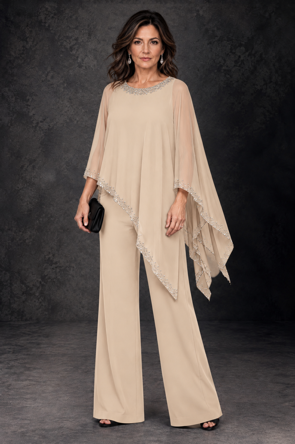 BOLODOO Champagne Embellished Cape Mother of the Bride Pantsuit - Champagne - Champagne_1