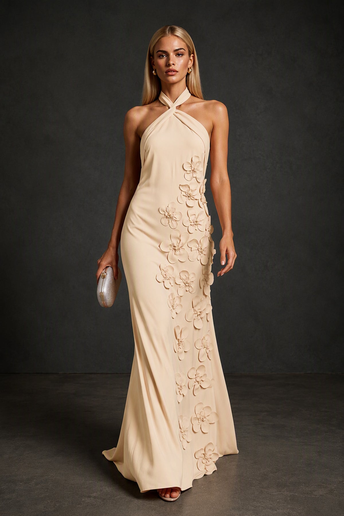 BOLODOO Champagne Cross Halter Neck 3D Floral Appliqué Backless Mermaid Maxi Gown - Champagne