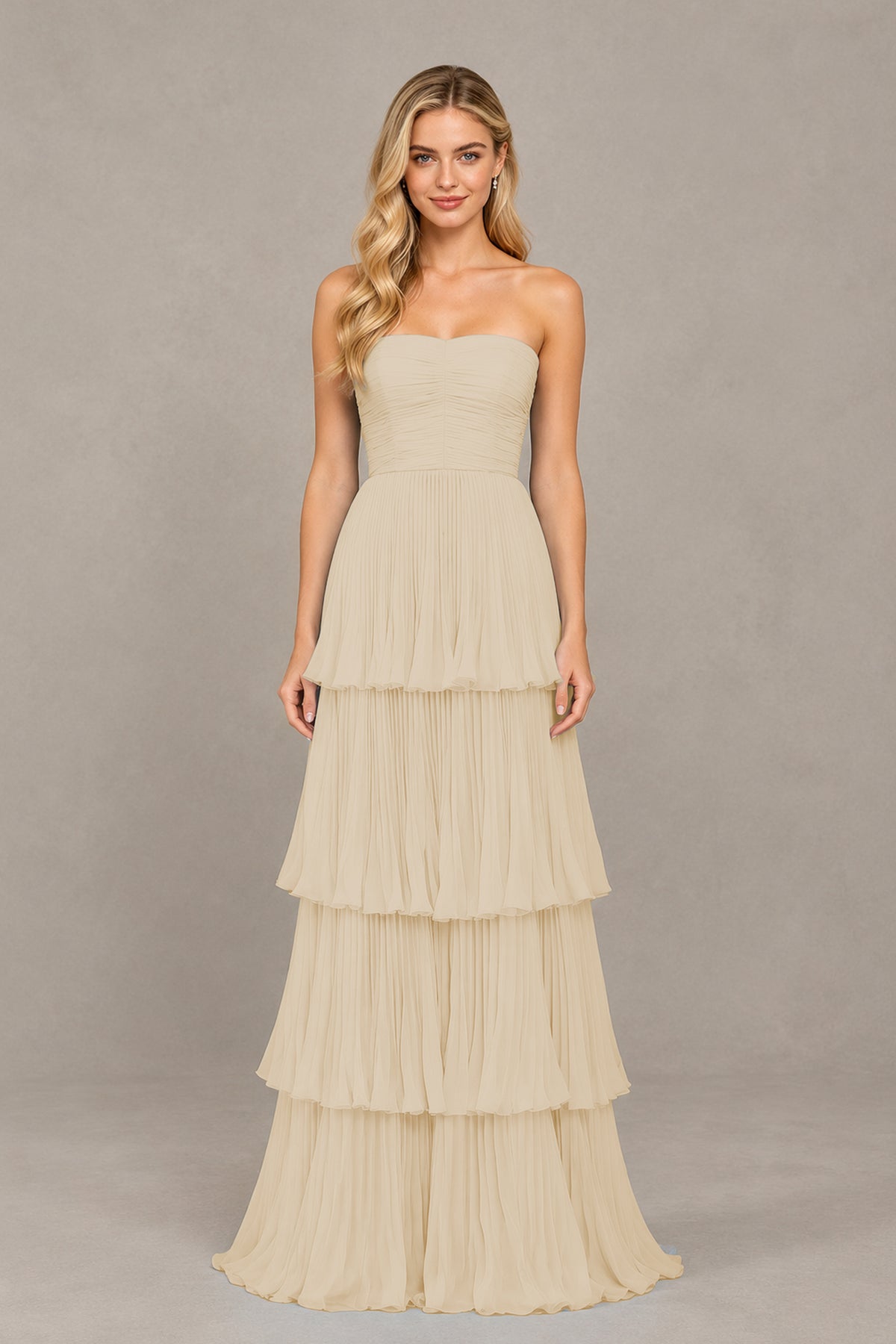 BOLODOO Champagne Strapless Tiered Chiffon Maxi Dress - Champagne