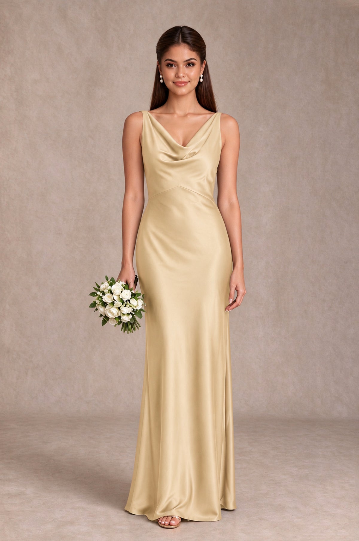 BOLODOO Champagne Cowl Neck Open Back Satin Bridesmaid Dress - Champagne - Champagne_1