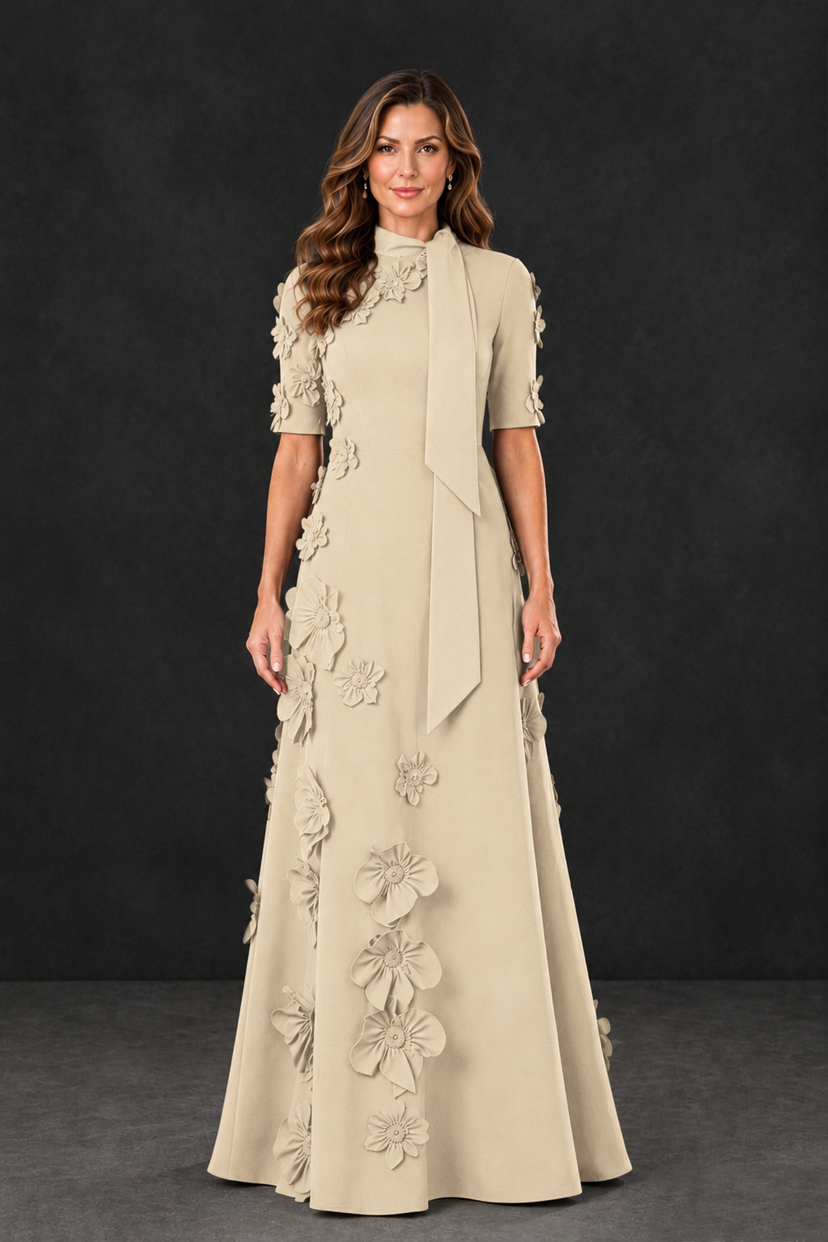 BOLODOO Champagne Floral Applique High-Neck Half-Sleeve Gown - Champagne - Champagne_1