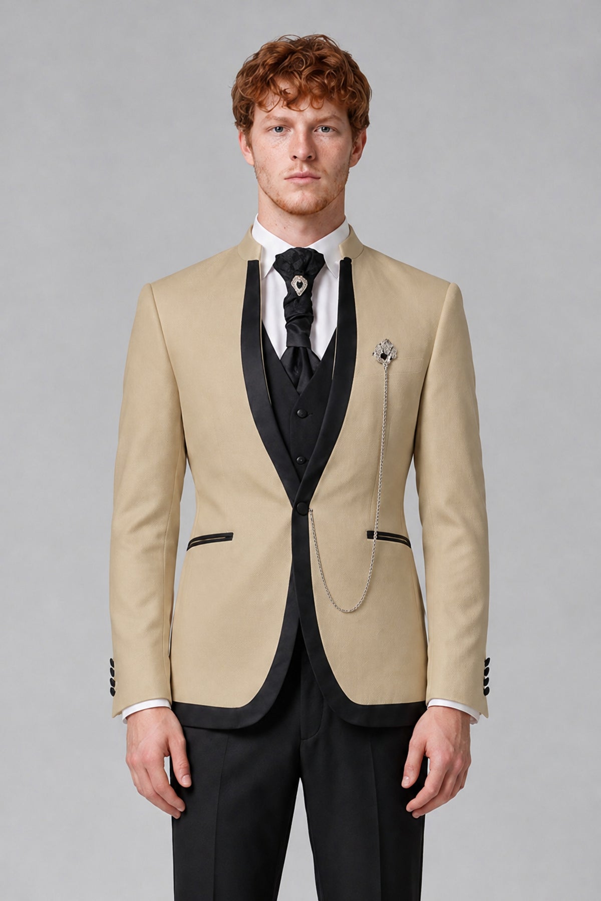 Bolodoo Men's Champagne 3-Piece Shawl Lapel Tuxedo Suit with Vest - Champagne - Champagne_1