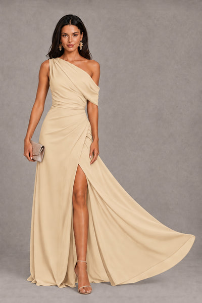 Champagne One-Shoulder Floor-Length Evening Gown with High Slit - Champagne
