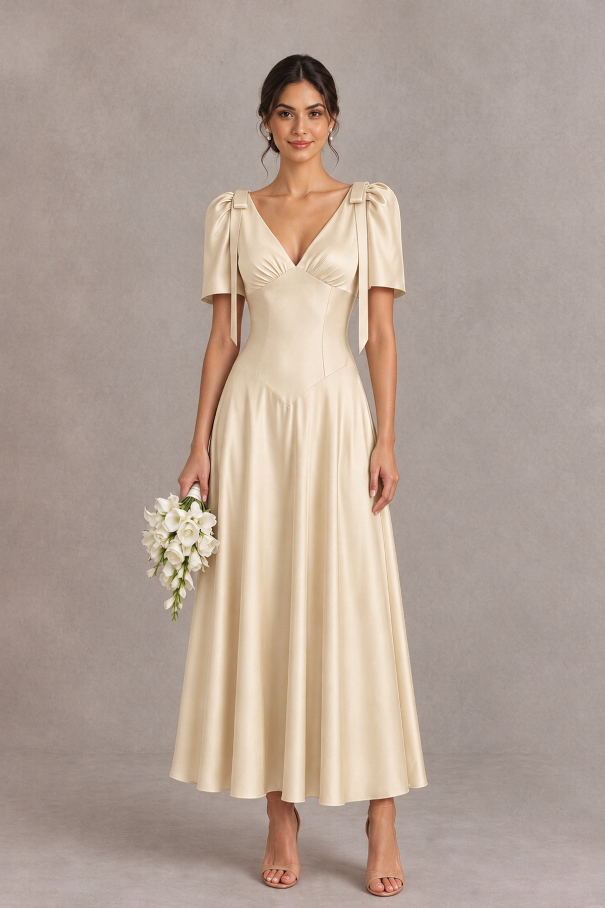 BOLODOO Champagne V-Neck Short Sleeve Satin-Look Bridesmaid Dress with Shoulder Bows - Champagne - Champagne_1