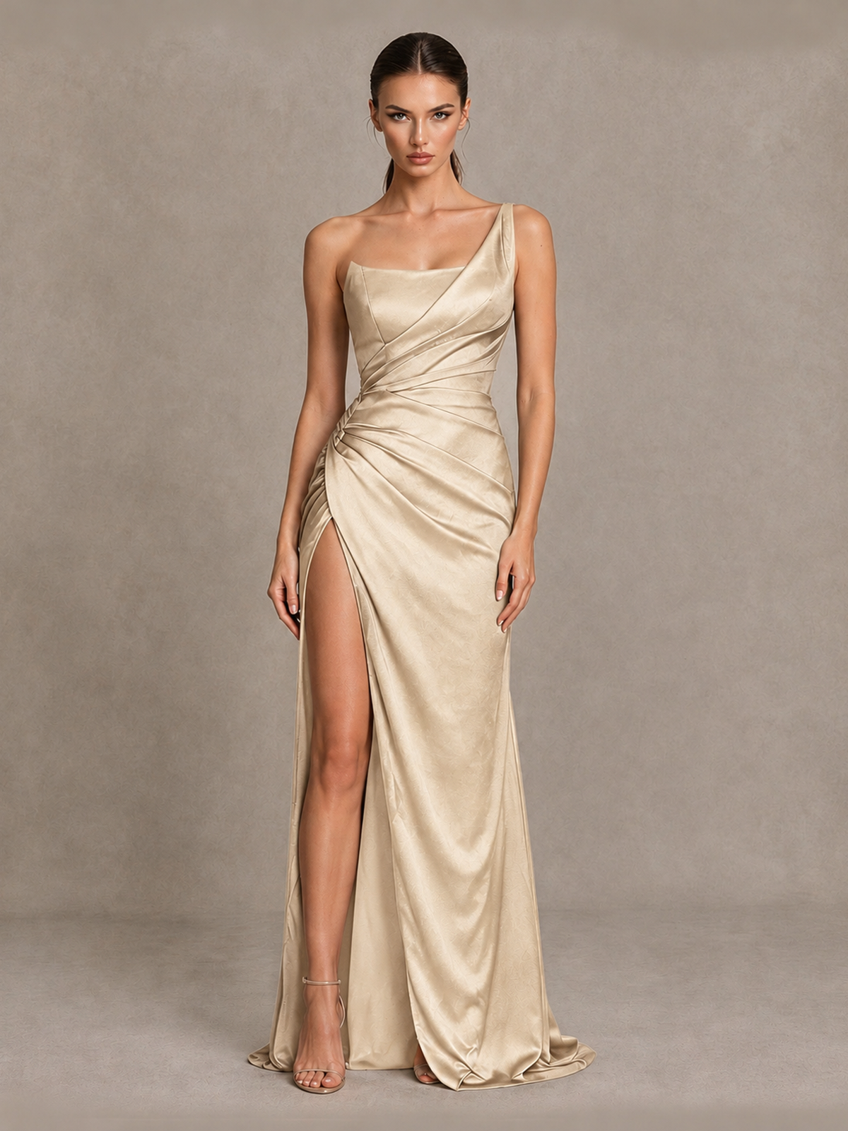 BOLODOO Champagne One Shoulder Satin Evening Gown with High Slit and Sweep Train - Champagne - Champagne_1