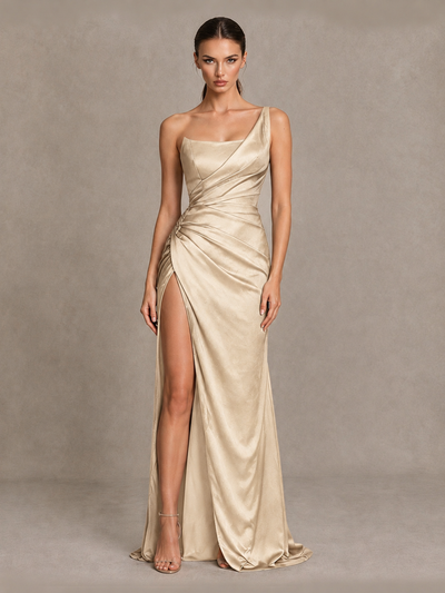 BOLODOO Champagne One Shoulder Satin Evening Gown with High Slit and Sweep Train - Champagne - Champagne_1