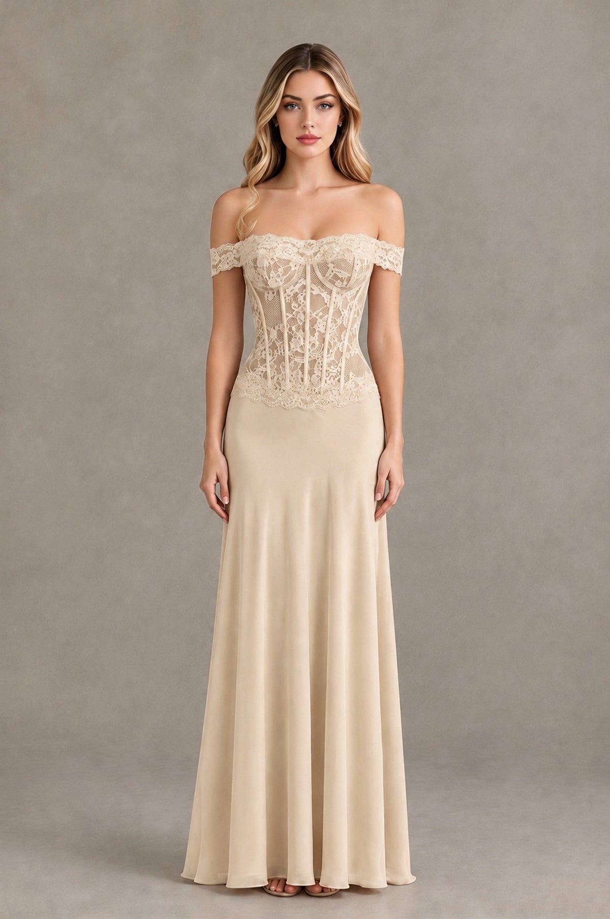 BOLODOO Champagne Off Shoulder Lace Corset Wedding Guest Dress - Champagne - Champagne_1