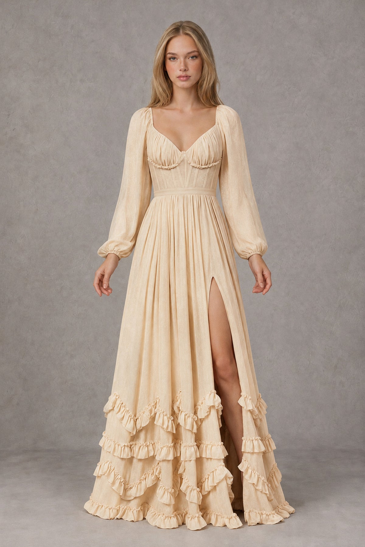 Champagne Long-Sleeve Ruffle Maxi Dress with Lace-Up Back and Slit - Champagne